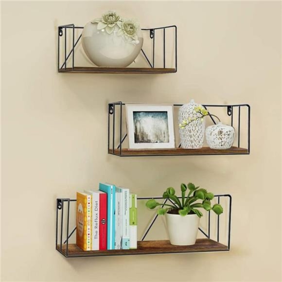 Floating Wall Shelves Set of 3, Black Metal Wire Hanging Rustic Shelf Decor